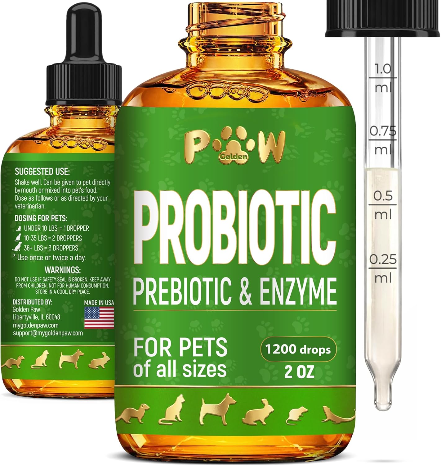 GoldenPaw Probiotic Prebiotic & Enzyme for Pets – 1200 drops, 2 oz, liquid formula for dogs and cats